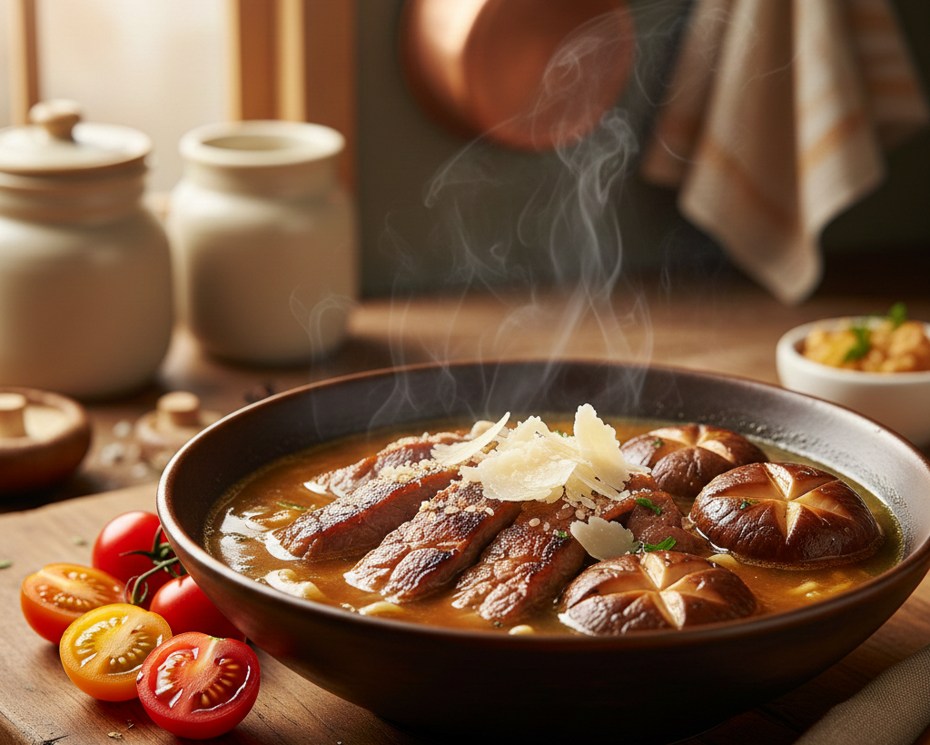 Syté jídlo bohaté na umami – maso, houby a vývar podporující chuť k jídlu